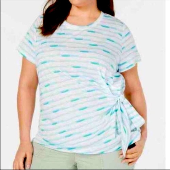 NEW Style & Co Plus Size Tee Shirt Short Sleeve Side Tie Teal White Stripe 2X - Picture 1 of 7